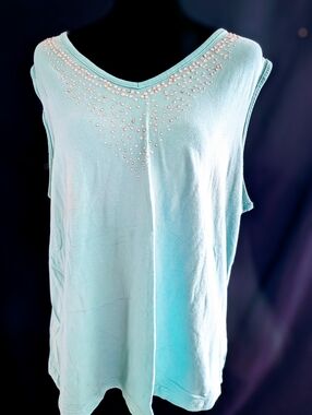 Sleeveless Embellished V-Neck Tank Top - Aqua Sz 2x